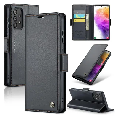 Collage of images showing a black leather wallet-style phone case for a Samsung Galaxy A73 5G, displaying its features like card slots and stand function.