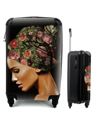 Produktbild von MuchoWow® Koffer Handgepäck Trolley Rollkoffer Kleine Reisekoffer mit 4 Rollen - Frau - Kopftuch - Blumen - Cabin Size < 55x40x23 cm & 55x40x20 cm - Fotokoffer - Kabinenkoffer - Boardgepäck - Reise-Box - Reisekoffer - Reisegepäck - Koffer mit Bild - Trolley für Kinder