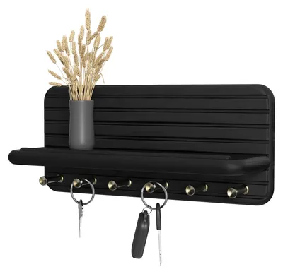 Image de Porte-clés avec tablette et 6 crochets, en bois, pour l'entrée, le couloir ou la cuisine (noir)