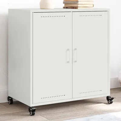 A white metal cabinet with two doors is shown on a wooden floor in front of a white wall.