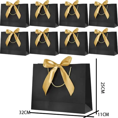 Produktbild von Geschenktüte 8er Set, Papier Geschenktüte mit Band und Henkeln, Schwarz, Größe 32x25x11cm, Für Hochzeit Geburtstag Weihnachten
