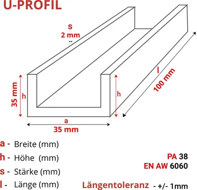 Produktbild von ALUMINIUM U-PROFIL 35x35x35x2 mm 10 cm ALUMINIUM PA38 + ZUSCHNITT NACH MASS