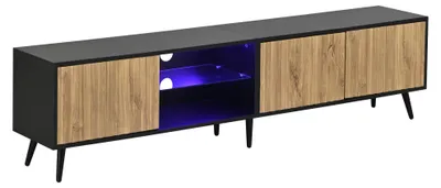Image de Meuble TV effet bois et noir avec LED 3 portes, 6 pieds