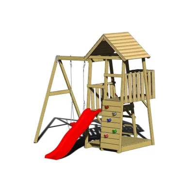 Produktbild von Wendi Toys Holz Spielturm Panda inkl. Rutsche, Kletterwand und Schaukel Natur 290x270x270 cm
