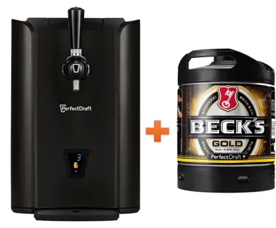 Produktbild von Perfect Draft Pro Bierzapfanlage schwarz für 6 l Party Fässer + Becks gold 6 l Fass