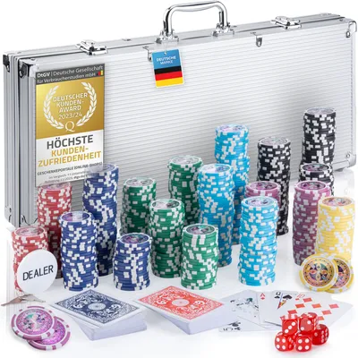 Produktbild von Profi Pokerkoffer Pokerset inkl. 300-500 schwerer 12g Metallkern Poker-Chips; Pokerdeck, Pokerkarten, Würfel, Dealer-Button - Farbe Silber 500 Chips