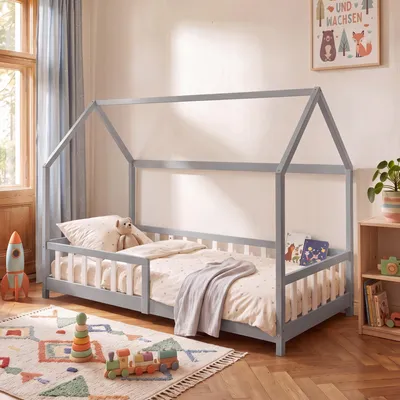 Obrázok produktu pre Detská posteľ s zábradlami "Hesel", rozmery 90 x 200 cm, vyrobená z brezového dreva, farba: sivá/biela