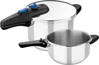 A set of two stainless steel pots, one a pressure cooker with its lid on, and the other a smaller pot.