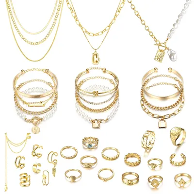 Image de Ensemble de bijoux doré/argenté pour femmes et filles, comprenant 35 pièces : boucles d'oreilles, bracelets et colliers