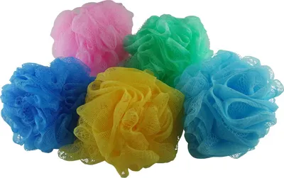 Produktbild von 5er Set Badeschwamm Duschknäul rosa, gelb, hellblau, blau, hellgrün