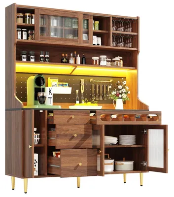 Immagine prodotto di Mobiletto alto con piano di lavoro, illuminazione a LED, scaffale per vino, dimensioni 145x39x171 cm, finitura noce