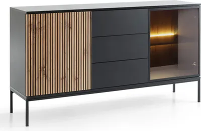 A black sideboard with wooden slatted doors and a glass-fronted cabinet with interior lighting.