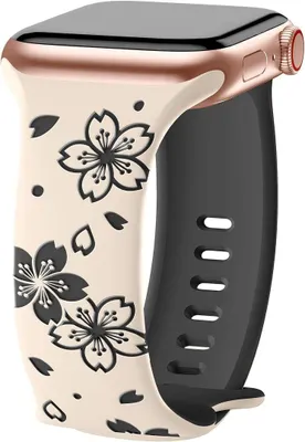 Image de Bracelet pour Apple Watch Series Ultra 1/2/3, 11, 10, 9 8 SE 7 6 5 4 3 2 1 42mm-44mm-45mm-46mm-49mm Silicone Motif Fleur Blanc Noir