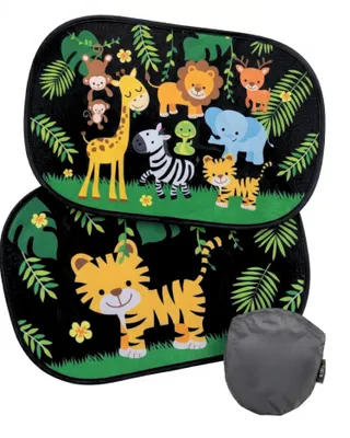 Image de 2x HECKBO Pare-soleil voiture enfant motif jungle | 8 ventouses, protection UV, pliables avec housse | 48 × 31 cm