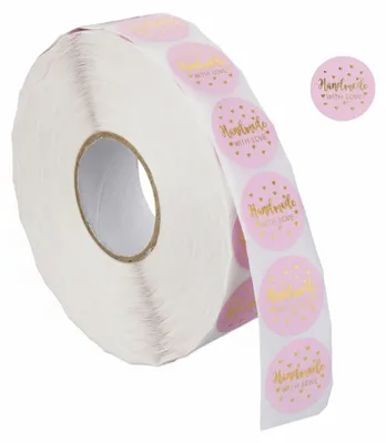 Image de Autocollants Relaxdays « Handmade with Love », 2 500 étiquettes autocollantes, autocollants ronds, Ø 25 mm, rouleau d'autocollants, rose/doré