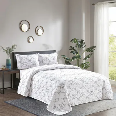Produktbild von 3-Teilig Tagesdecke für Bett 220x240cm Doppelbettüberwurf mit Kissenbezug 50x70cm Weiß-Silber