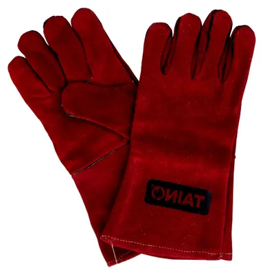 Produktbild von Grillhandschuhe aus Leder, hitzebeständig, feuerfest, Ofenhandschuhe mit Fingern, Universalgröße, Rot
