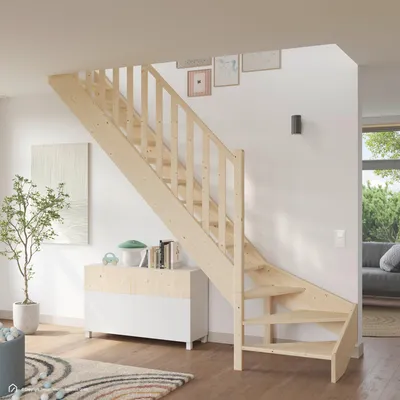 Produktbild von Holztreppe Intercon Casablanca | Fichte | 1/4 gewendelter Verlauf | Linkswendelung | 80 cm Breite | einseitiges Geländer | ohne Setzstufen
