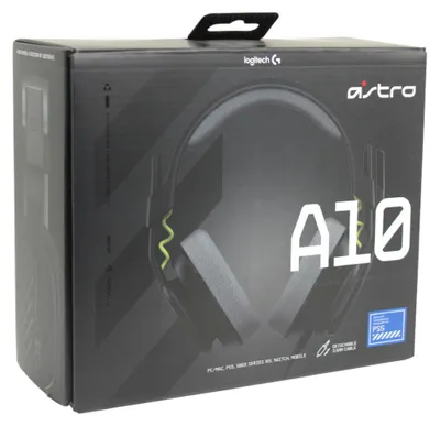 The image shows the retail packaging for an Astro A10 gaming headset.