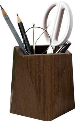 Produktbild von Walnotenbürohalter mit rautenförmigem Kugelschreiberhalter, vintage Bürohalter, Holzbüro, multifunktioneller Büroorganisator für Büroartikel und Kosmetikstifte