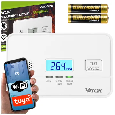 Produktbild von Vayox Smart WiFi CO Melder VA0479 mit App Tuya | EN 50291-1 Kohlenmonoxidmelder 10 Jahre LCD Display 85dB | Kohlenmonoxid Warnmelder Batterie
