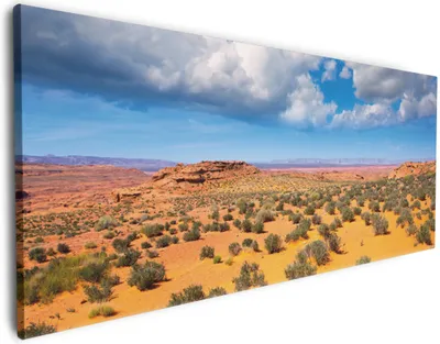 Produktbild von Wallario Premium Leinwandbild Wüste in Arizona - blauer Himmel mit Wolken I in Größe 60 x 150 cm