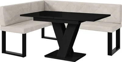 Produktbild von MEBLINI Eckbank für Esszimmer mit ausziehbarem Tisch  - Küchenbank - Essecke - Sitzecke Küche - ERIC - U-Beine 128x168x87cm Links - Beige Samt/M Schwarz Hochgl.