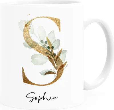 Produktbild von Kaffee-Tasse mit Buchstabe Initiale Monogramm individuell mit Namen personalisert Eukalyptus persönliche Geschenke SpecialMe® weiß Keramik-Tasse