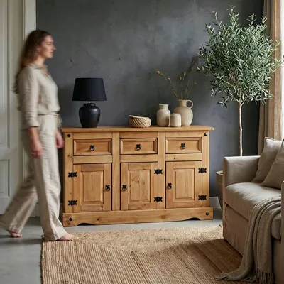 A woman walks past a wooden sideboard in a room with a dark gray wall and a large olive tree.
