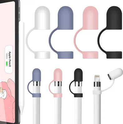 Produktbild von 4 Stück Apple Pencil Kappe Silikon Cap Anti-Lost Ersatzkappe Zubehör,Ergonomische Design Ärmel Halter Kompatibel mit Apple Pencil 1. Generation (Weiß+Mitternachtsblau+Schwarz+Rosa)