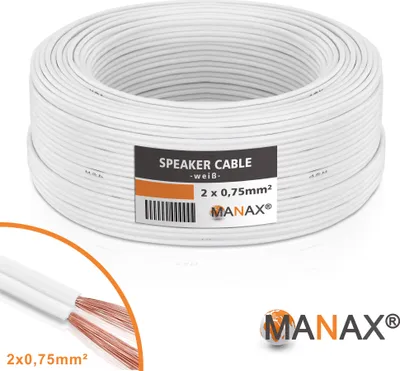 A roll of white speaker cable with a label showing product details and a brand logo.