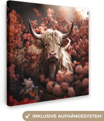 Produktbild von MuchoWow® - Leinwandbilder - Schottische Highlander - Tier - Natur - Blumen - Botanisch, Wandbild, Wanddeko Bilder Wohnzimmer, 90x90 cm