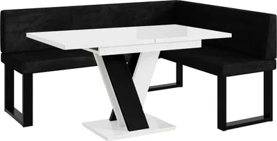 Produktbild von MEBLINI Eckbank für Esszimmer mit ausziehbarem Tisch  - Küchenbank - Essecke - Sitzecke Küche - TONI - U-Beine 128x168x87cm Rechts - Schwarz Samt/M Weiß-Schwarz Hochgl.