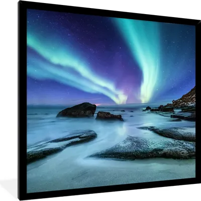 Produktbild von MuchoWow® MuchoWow® Gerahmtes Poster Nordlichter - Landschaft - Lofoten 40x40 cm - Poster mit zchwarzem Bilderrahmen - Mit Rahmen - Wanddekoration Schlafzimmer