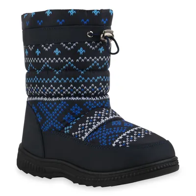 Produktbild von Mytrendshoe Kinder Warm Gefütterte Winter Boots Bequeme Stiefel Prints Schuhe 836082, Farbe: Dunkelblau Hellblau Weiß Muster, Größe: 33