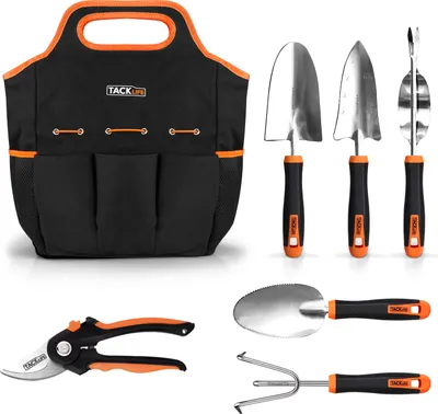 A set of gardening tools and a tool bag are displayed against a white background.