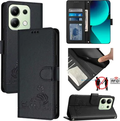 Obrázek produktu pro Kožené pouzdro pro Xiaomi Redmi Note 13 4G, sladká kočka Flip pouzdro s funkcí stojánku a peněženkou černé