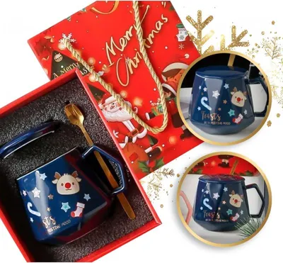 Produktbild von Weihnachtsbecher - Set im Karton mit Deckel und Löffel 225 ml, blau kb08n