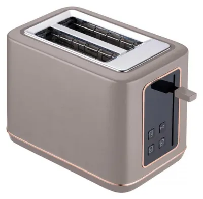 A studio shot of a taupe toaster with rose gold trim.