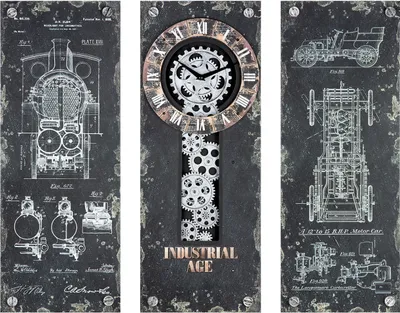 Obrázek produktu pro Gilde 3-dílná sada nástěnných hodin "Steampunk" černá/bílá, s pohyblivými ozubenými koly Ø hodin 22 cm baterie vyžadují: 4x AA V: 60 cm Š: 69 cm H: 5 cm 50289