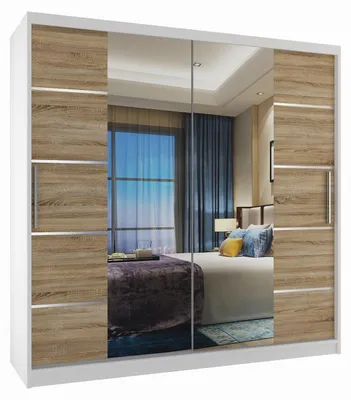 Immagine prodotto di BELINI Verona, armadio scorrevole da 200 cm, bianco/effetto legno sonoma opaco - armadio con specchio e 2 cassetti, ideale per la camera da letto
