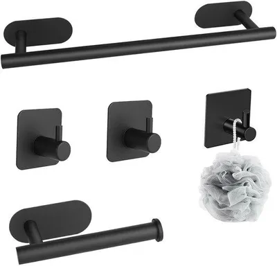 Produktbild von Ibenzoa® Selbstklebendes 5‑in‑1 Handtuchhalter-Set aus Edelstahl 304, schwarz – Handtuchstange, 3 Haken & WC‑Papierhalter, 40 cm