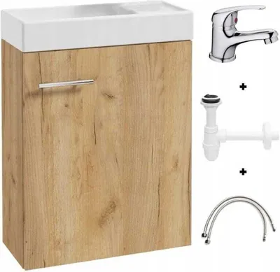 A bathroom vanity with a sink, faucet, and plumbing accessories, presented against a white background.