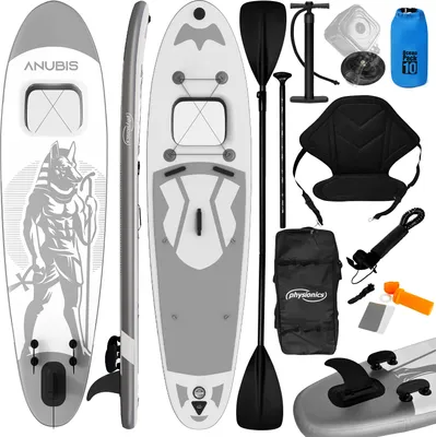 Produktbild von Physionics® SUP Board - Aufblasbar, mit Kajaksitz, Paddel, Rucksack, Finne, Reparaturset, Pumpe, Kamerahalter, Leicht, Farbwahl/Größenwahl - Stand Up Paddle Board (320x80x15cm, Silber)