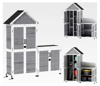 Produktbild von Gartenschrank aus Holz, Geräteschrank mit Satteldach, Aufbewahrungsschrank 89x51x182cm, wetterfester Geräteschuppen für Terrasse und Garten, Hellgrau