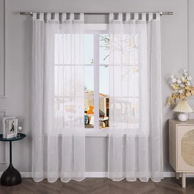 Image de Rideau décoré de motifs de feuilles, transparent, avec passants pour la fixation, 140 x 175 cm, blanc, en polyester