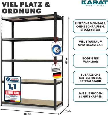 Produktbild von Karat Schwerlastregal Lakota, 2er Set Metallregal mit 5 Böden, 875 kg Traglast, Steckregal für Keller, Garage & Werkstatt – Schwarz 180x90x40 cm
