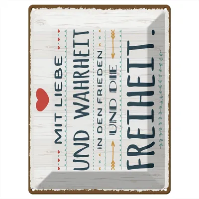 Produktbild von Blechschild Wandbild in : Brillante Farben, Größe 30 x 40 cm Motiv Blechschild Spruch 30x40 cm Mit Liebe und Wahrheit in den Frieden Deko Schild