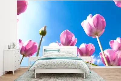 Produktbild von MuchoWow® Fototapete für Wohnzimmer oder Schlafzimmer Wandtapete Vinyl Motivtapete Die Sonne scheint auf die Tulpen - 320x240 cm - Tapeten