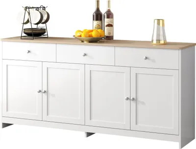 Produktbild von Sideboard mit weißer Holzmaserung, vier Türen, mit drei Schubladen, Wohnzimmer, Esszimmer. Holzfarbe und Weiß